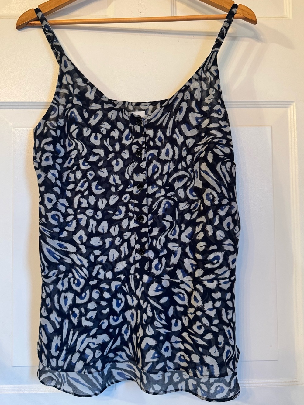 NWOT CAbi semi Sheer button down leopard print tank top with peplum style
